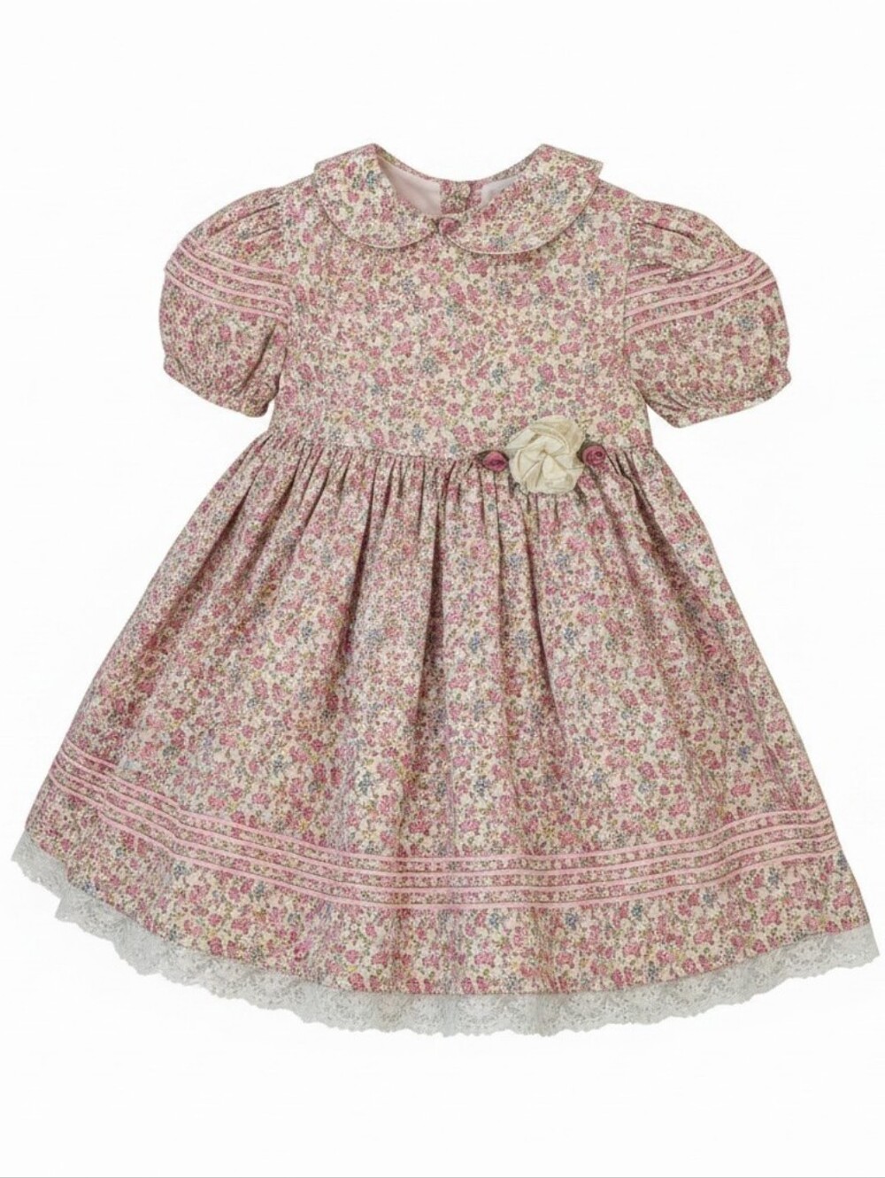 Vintage Okie Dokie Girls Floral Dress 18M Peter Pan Collar Lace Heirloom Cottage